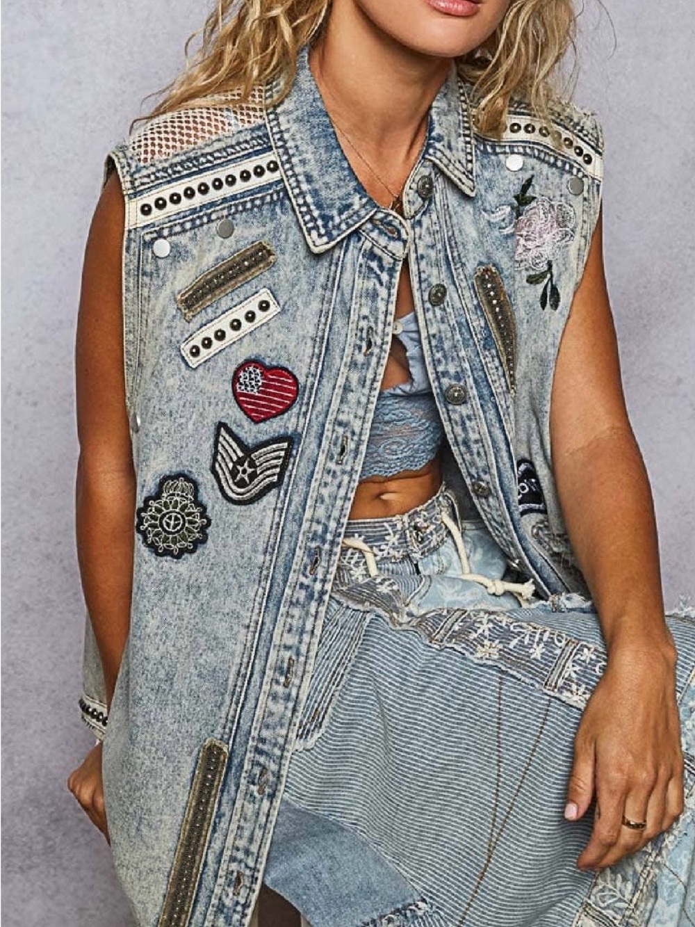 POL Light Blue Distressed Denim Vest with Embroidered Patches